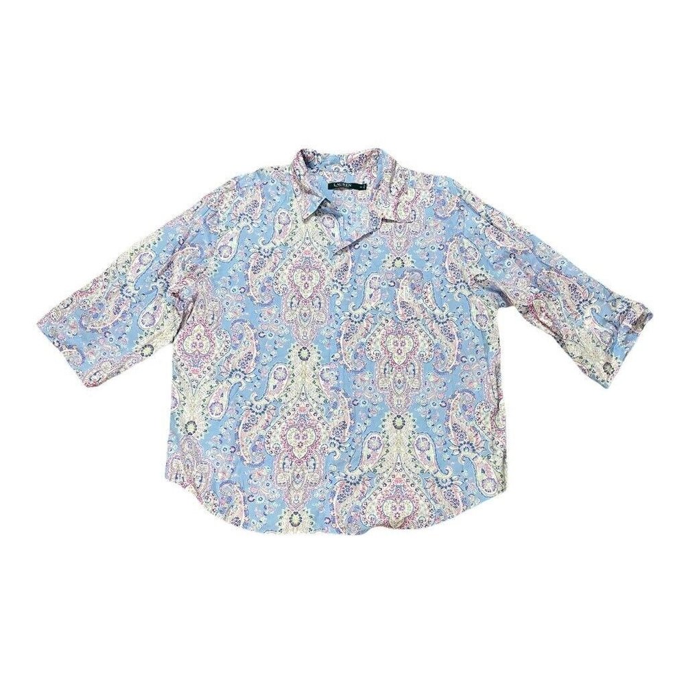 LRL‎ Ralph Lauren Womens Pajama Top Blue Paisley Pocket Roll Tab Buttons XL New